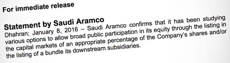 Aramco statement confirms it is looking into options for an IPO.